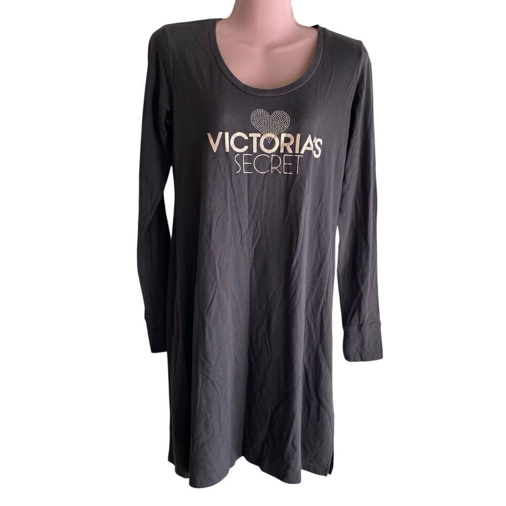 Victoria's Secret Sleepshirt Women's Small Gray Nightgown Logo Bling Cotton Knit
